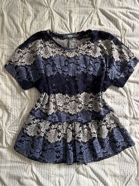 Anthropologie Eva Franco Navy and Cream Lace Peplum Tunic